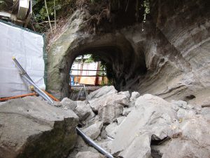 トンネルの手前斜面から崩落した土石